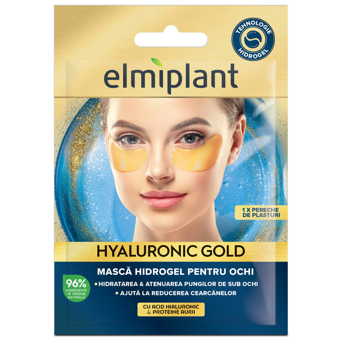 Elmiplant Masca Hidrogel Pentru Ochi Hyaluronic Gold, Efect de Lifting si Hidratare cu Acid Hialuronic si Aur Coloidal, Textura Premium, 1 Pereche