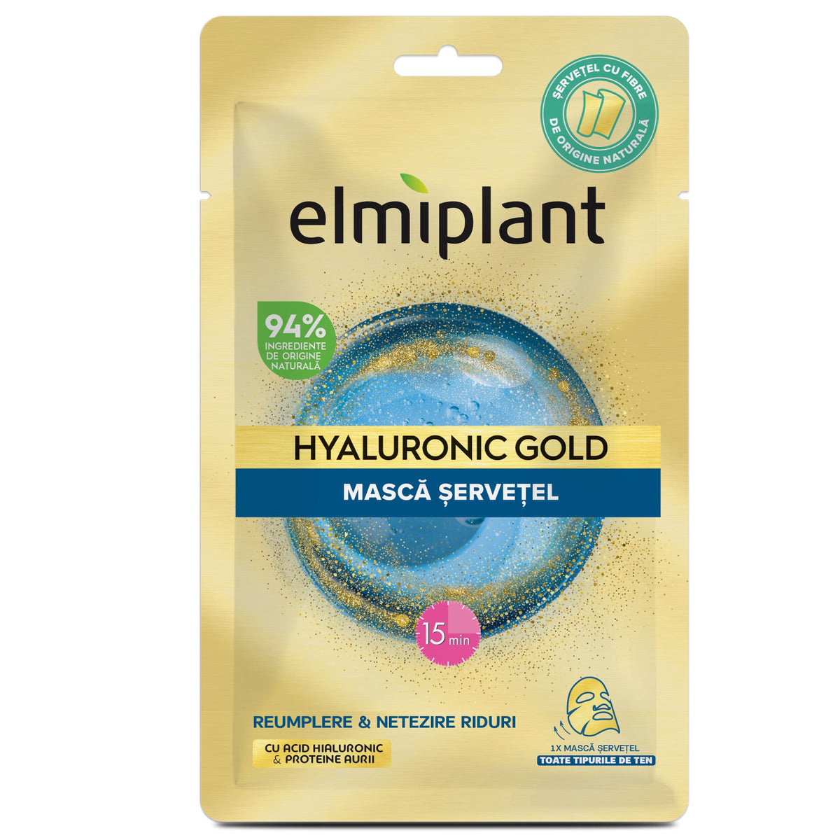 Elmiplant Masca Servetel Pentru Fata Hyaluronic Gold, Acid Hialuronic si Aur Coloidal, Efect Regenerator si Anti-Aging, 1 Bucata