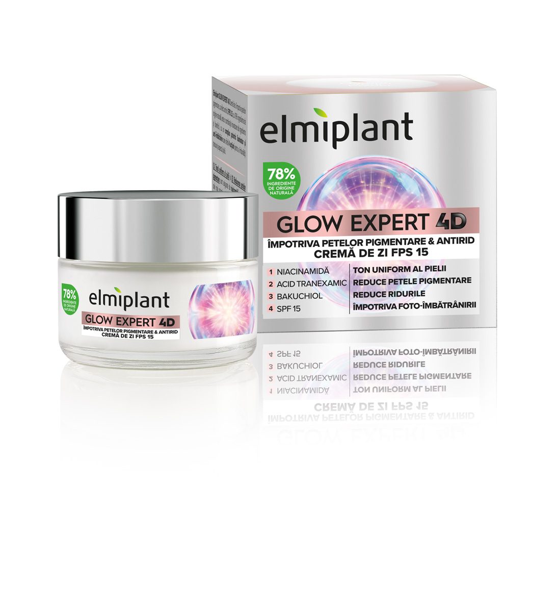 Elmiplant Glow Expert 4D, Crema de Zi Antirid si Anti-Pete Pigmentare, Formula cu Niacinamida si SPF 15, Toate Tipurile de Ten, 50 ml