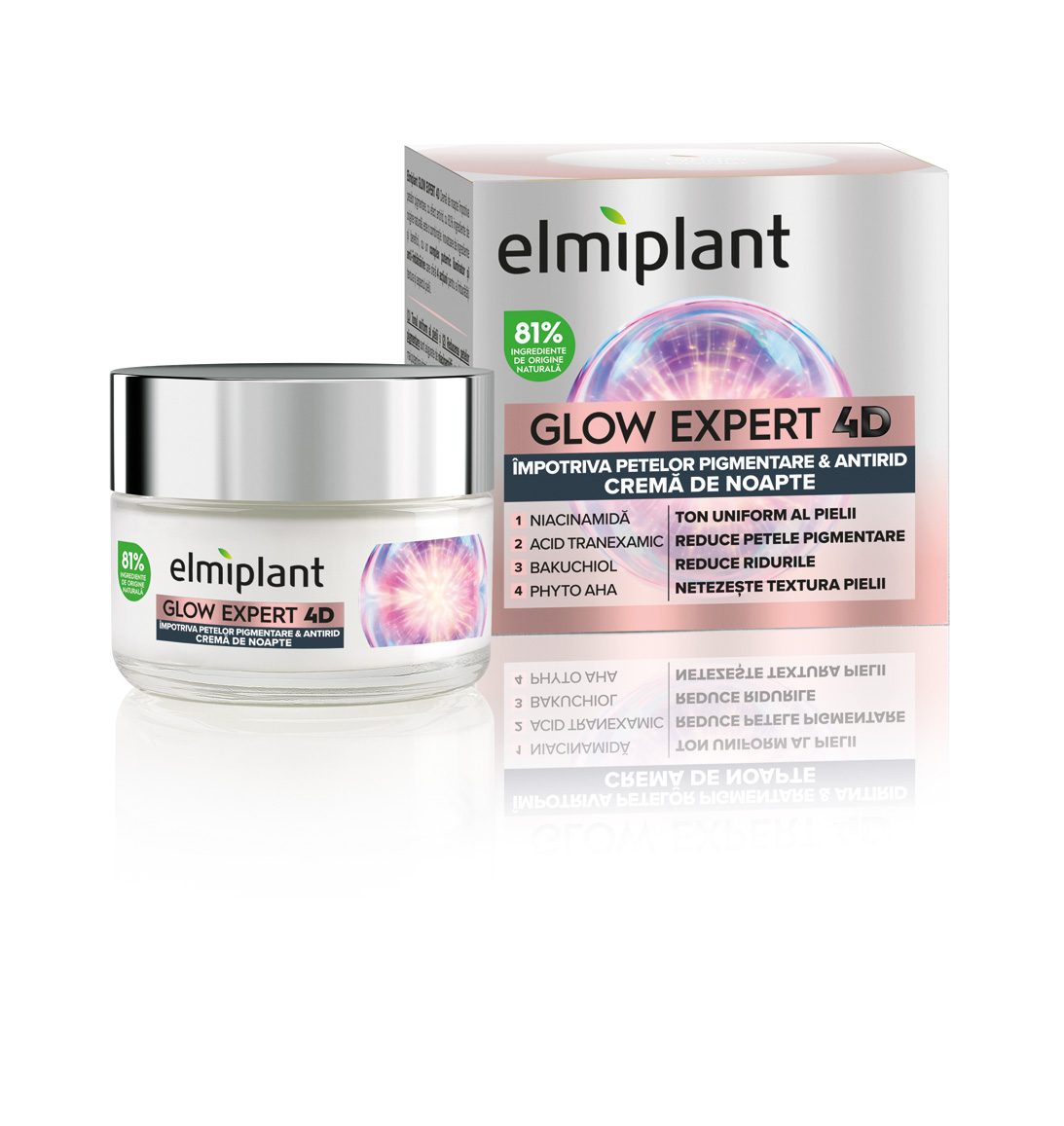 Elmiplant Glow Expert 4D, Crema de Noapte Antirid si Impotriva Petelor Pigmentare, cu Niacinamida si Bakuchiol, Formula Regenerare Nocturna, 50 ml