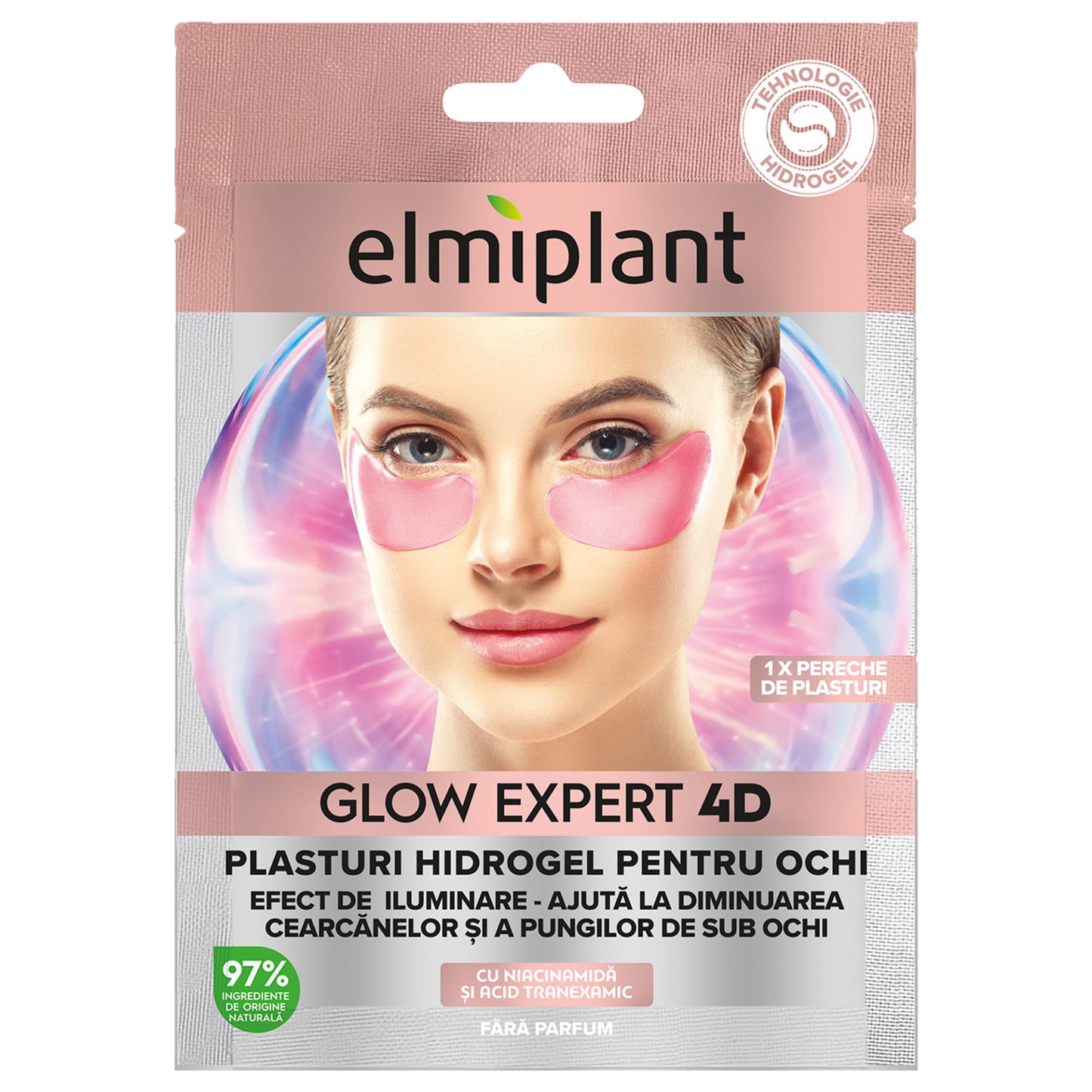 Elmiplant Glow Expert 4D, Plasturi Hidrogel Pentru Ochi cu Niacinamida, Efect de Luminozitate si Regenerare, Tehnologie Multi-Dimensionala, 1 Pereche