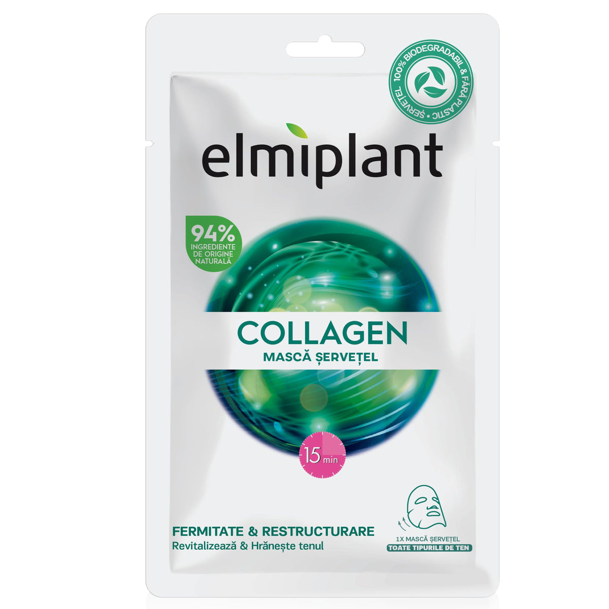 Elmiplant Masca Servetel Pentru Fata, Collagen Pentru Hidratare Si Regenerare Intensiva, Toate Tipurile De Ten, 20 ml