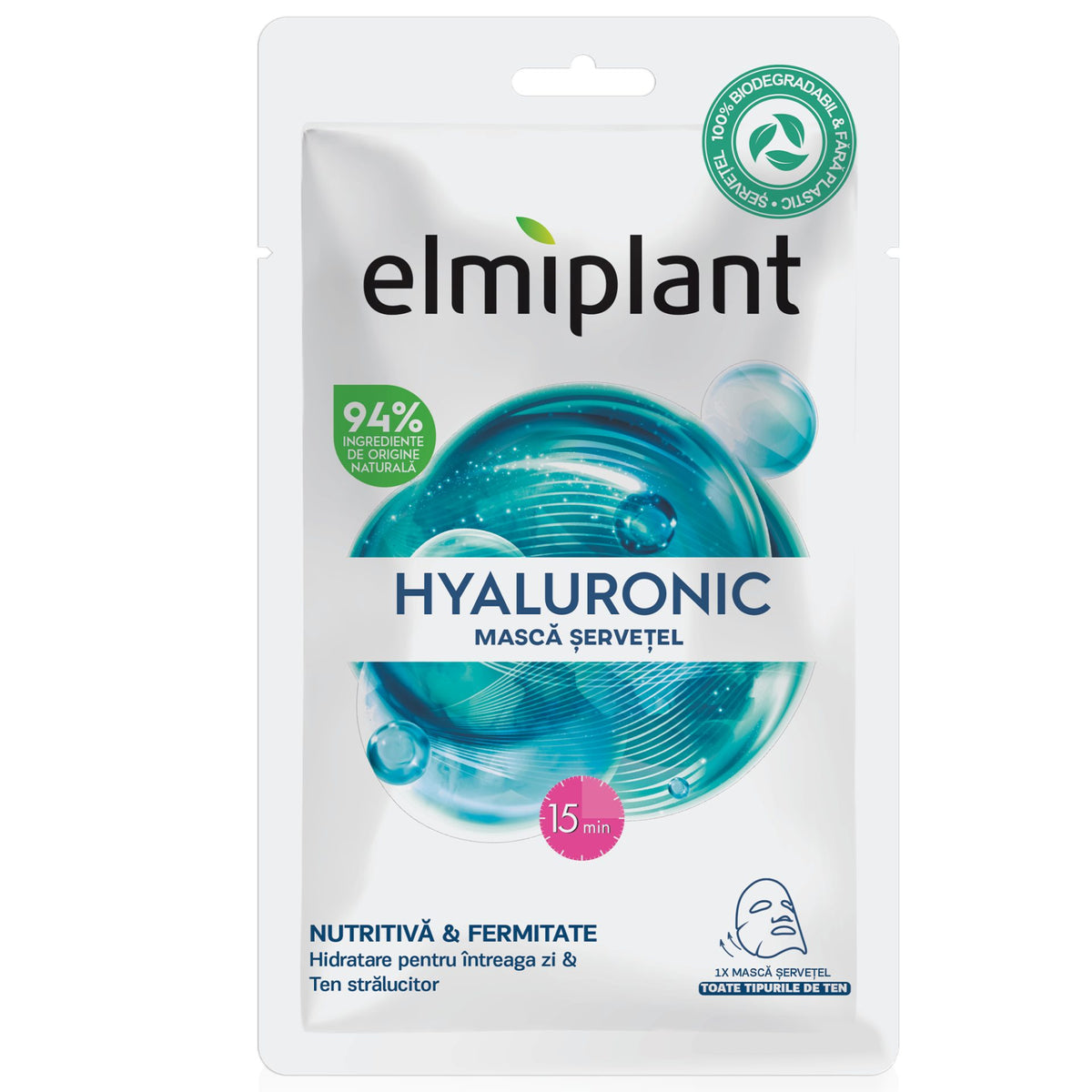 Elmiplant Masca Servetel Pentru Fata, Hidratare Intensa Si Revitalizare Cu Acid Hialuronic, Toate Tipurile De Ten, 20 ml