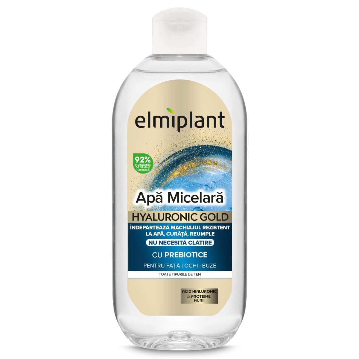 Elmiplant Apa Micelara Hyaluronic Gold, Curatare Hidratanta cu Acid Hialuronic si Aur Coloidal, Ten Sensibil si Matur, 400 ml
