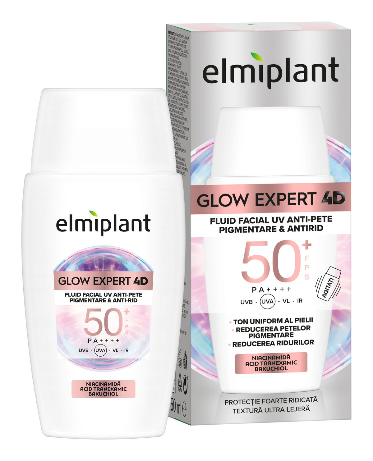 Elmiplant Fluid Facial Glow Expert 4D UV, Protectie Solara SPF 50+, Efect Anti-Pete si Antirid, Uniformizare si Stralucire, 50 ml
