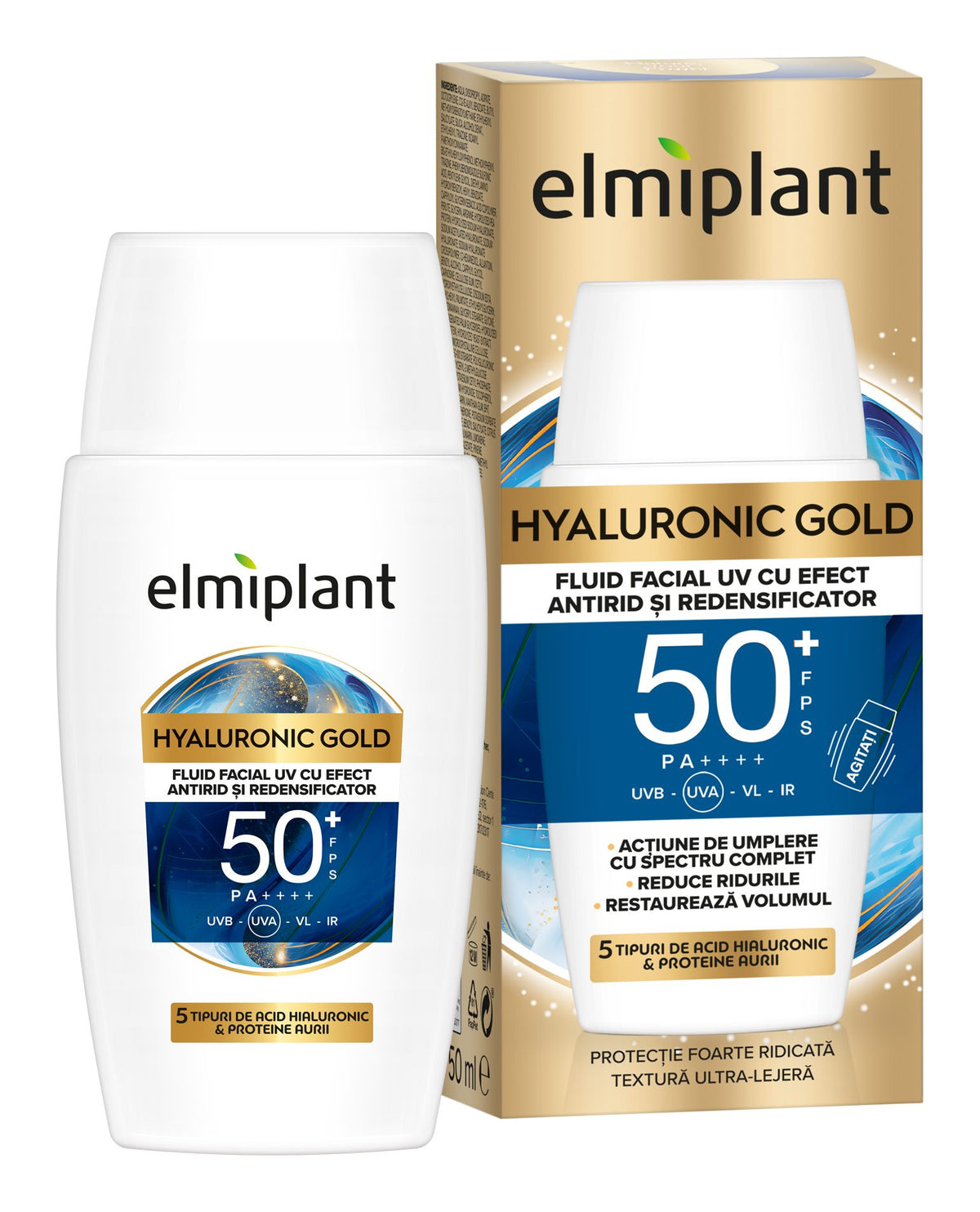 Elmiplant Hyaluronic Gold, Fluid Facial Antirid si Redensificator, Protectie Solara SPF 50+, Acid Hialuronic si Particule de Aur, 50 ml