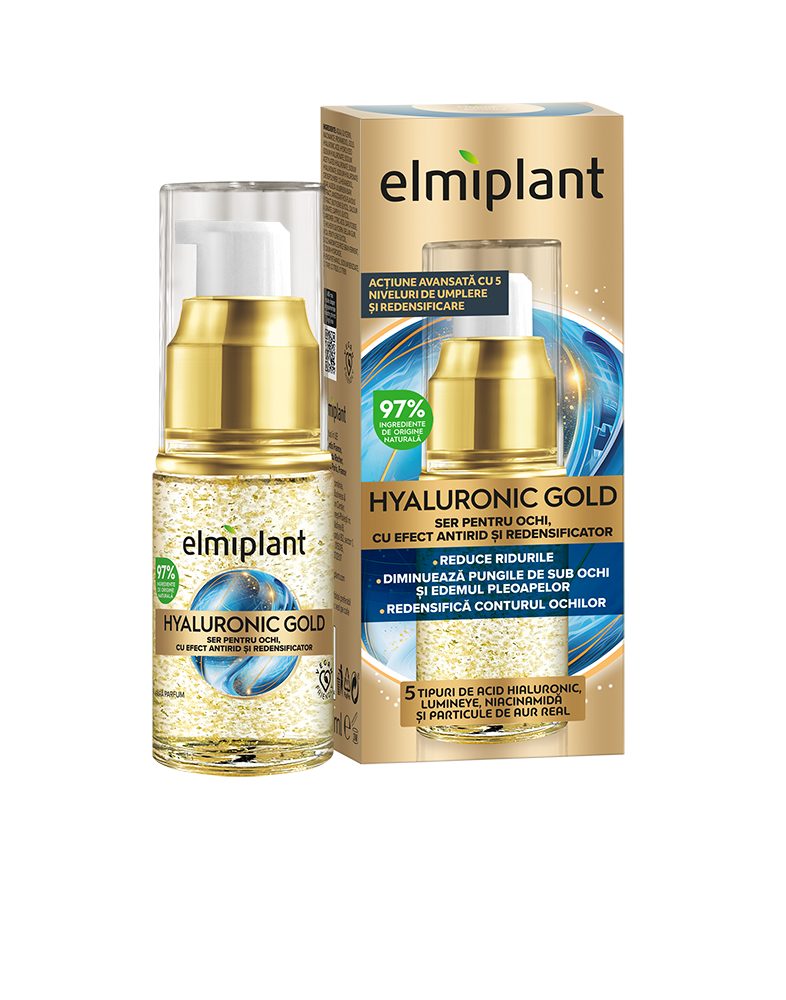 Elmiplant Ser Pentru Ochi Hyaluronic Gold, Efect Antirid si Lifting, Acid Hialuronic si Aur Coloidal, Regenerare Intensa, 15 ml