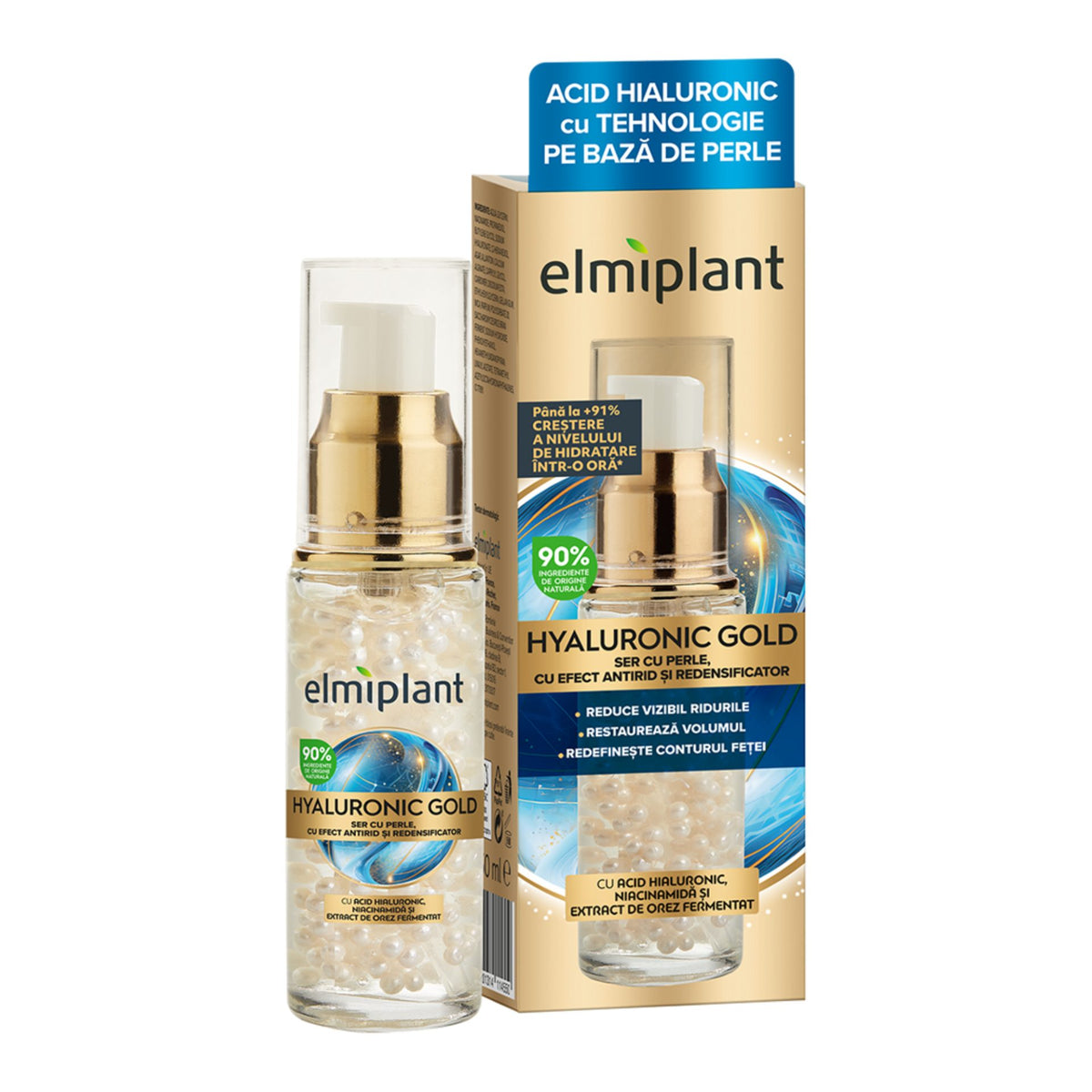 Elmiplant Ser Pentru Fata Hyaluronic Gold, Acid Hialuronic Si Aur Coloidal, Hidratare Si Luminozitate, Ser Concentrat, 30 ml