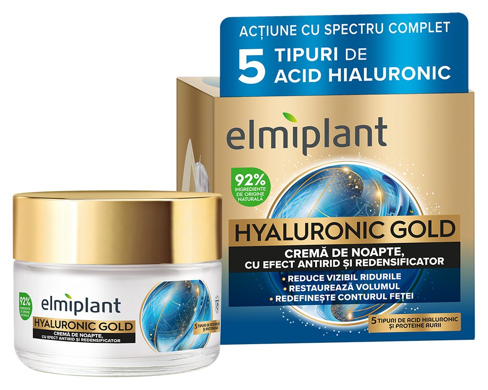 Elmiplant Crema de Noapte Hyaluronic Gold, Crema Hidratanta si Regeneratoare cu Acid Hialuronic, Textura Lejera, 50 ml