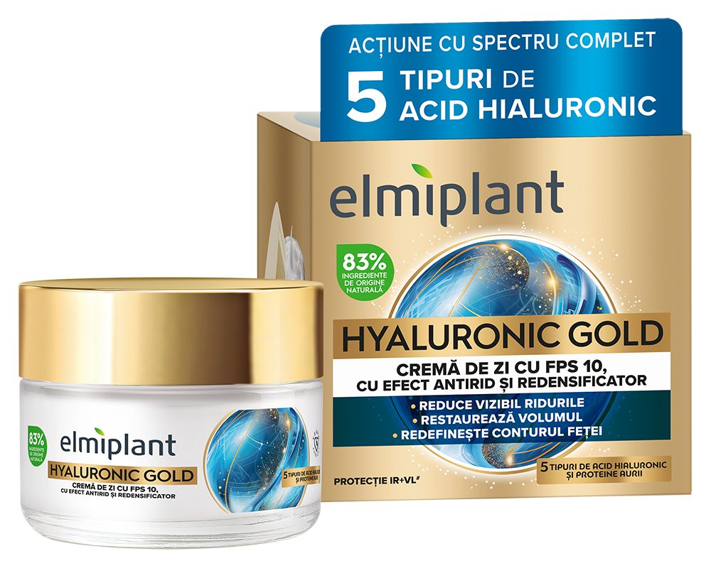 Elmiplant Hyaluronic Gold Cremă de Zi Hidratantă, Efect de Regenerare și Strălucire cu Acid Hialuronic și Aur Coloidal, 50 ml