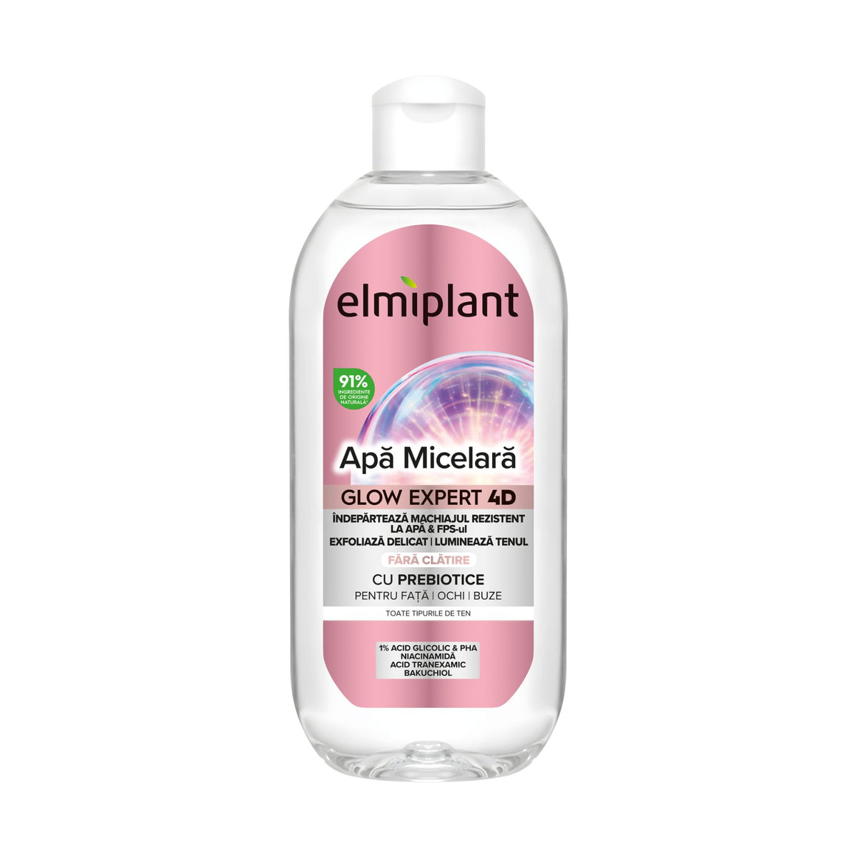 Elmiplant Apa Micelara Iluminatoare Glow Expert 4D, Curatare cu Prebiotice pentru Fata Ochi si Buze, 400 ml