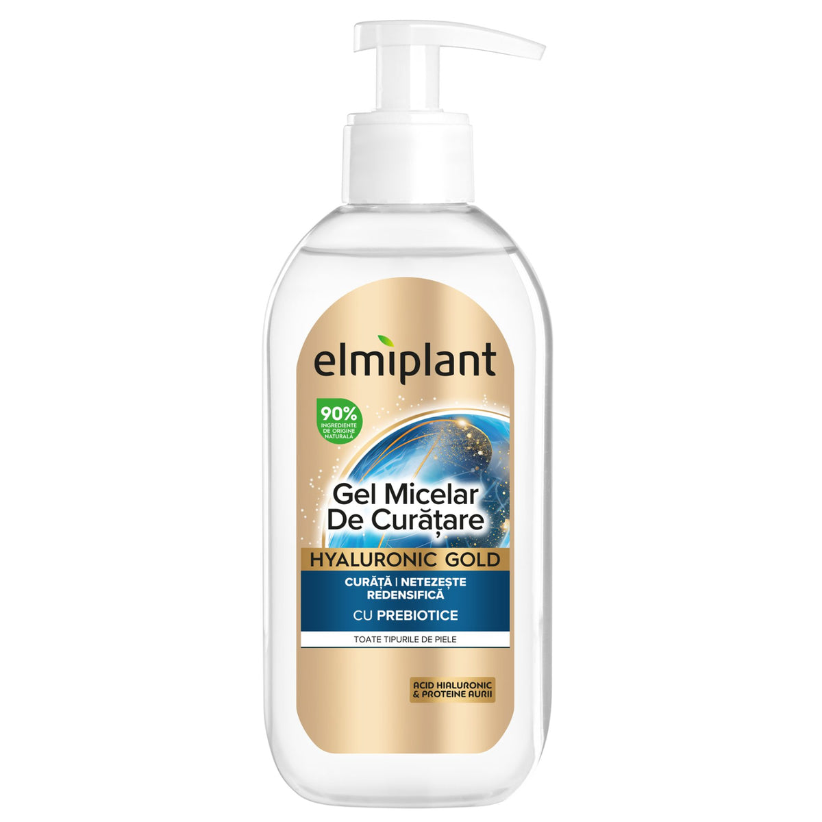 Elmiplant Gel Micelar de Curatare Hyaluronic Gold, Acid Hialuronic si 92% Ingrediente Naturale, Formula Hidratanta pentru Toate Tipurile de Ten, 200 ml