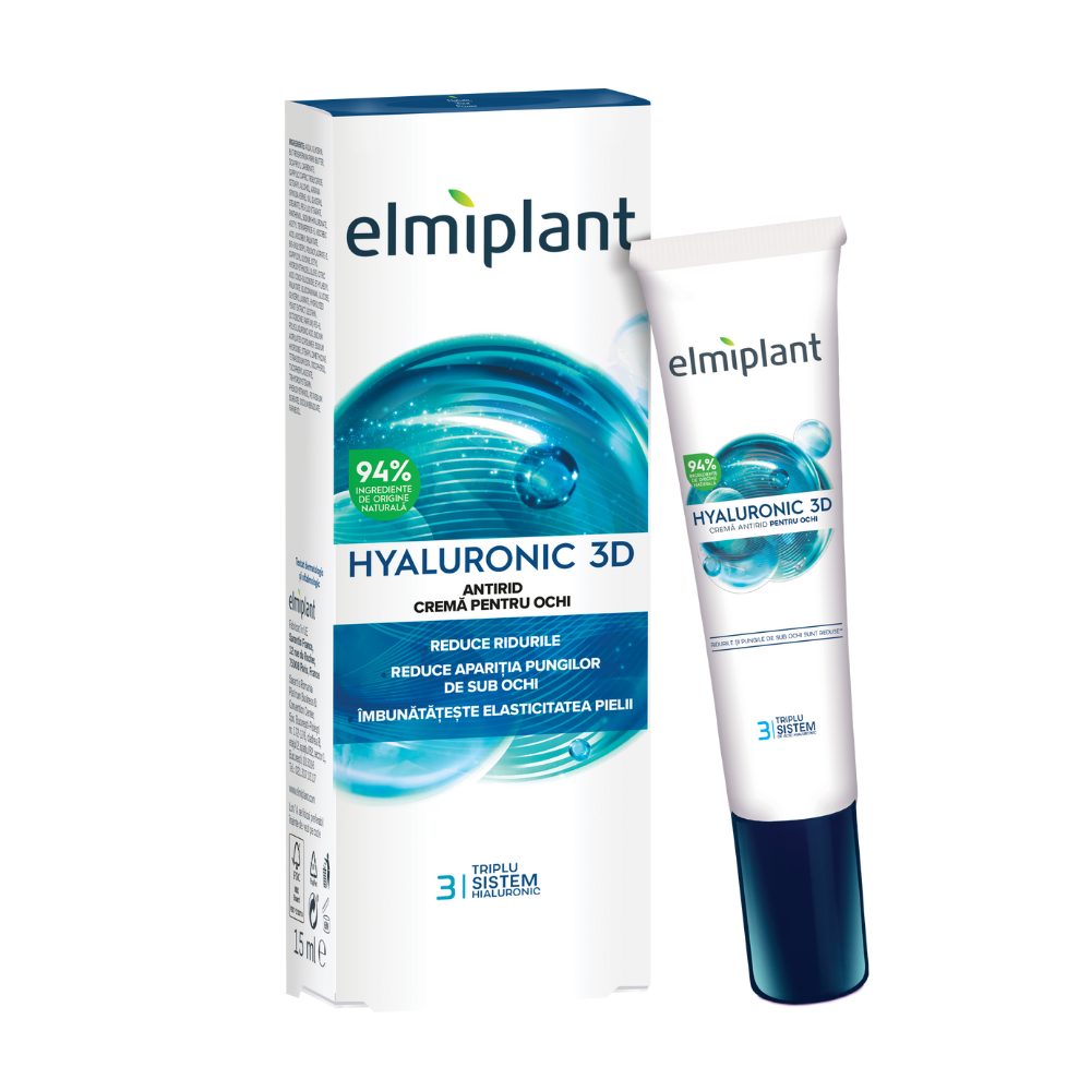 Elmiplant, Cremă Antirid Pentru Ochi cu Acid Hialuronic, Efect de Hidratare și Reducere a Liniilor Fine, Textură Ușoară, 15 ml