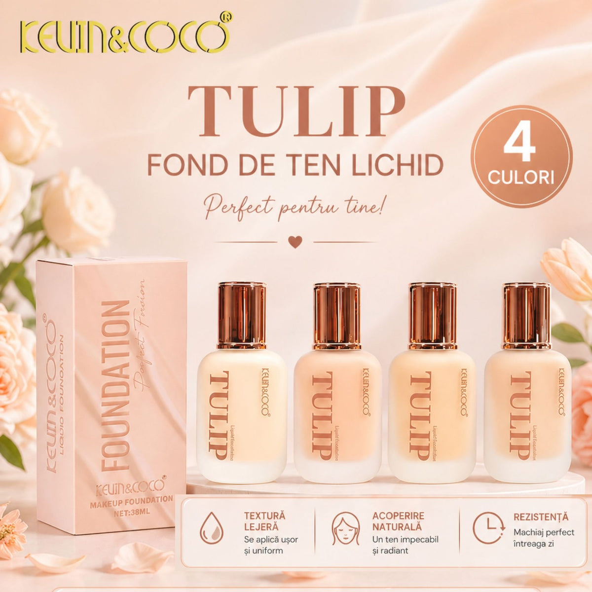 Kevin&Coco Fond de Ten Lichid Tulip, Acoperire Naturala si Finish Luminos, Textura Lejera, Uniformizare Ten, 38 ml, Nuanta 2 Natural Beige