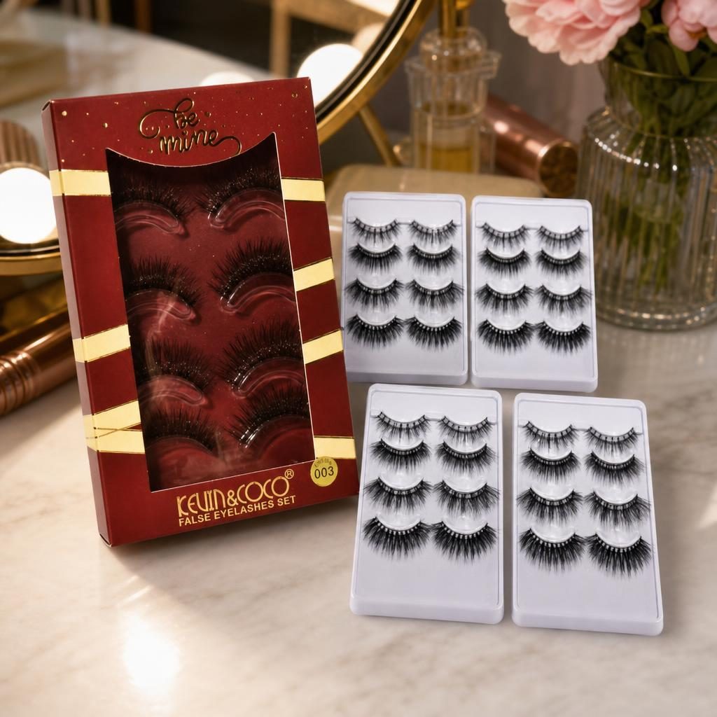 Set 4 Perechi Gene False Kevin & Coco, Gene Individuale cu Banda Flexibila de Bumbac, Curbura Naturala, Fibre Sintetice Premium Vegan, Negru, Marimea 2
