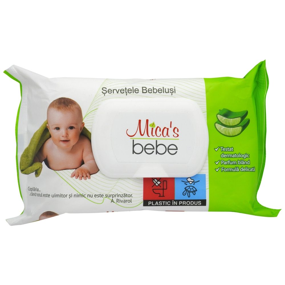 Șervețele Umede Micas pentru Bebelusi, Extract Aloe Vera și Capac, Curățare Delicată, 60 Bucăți