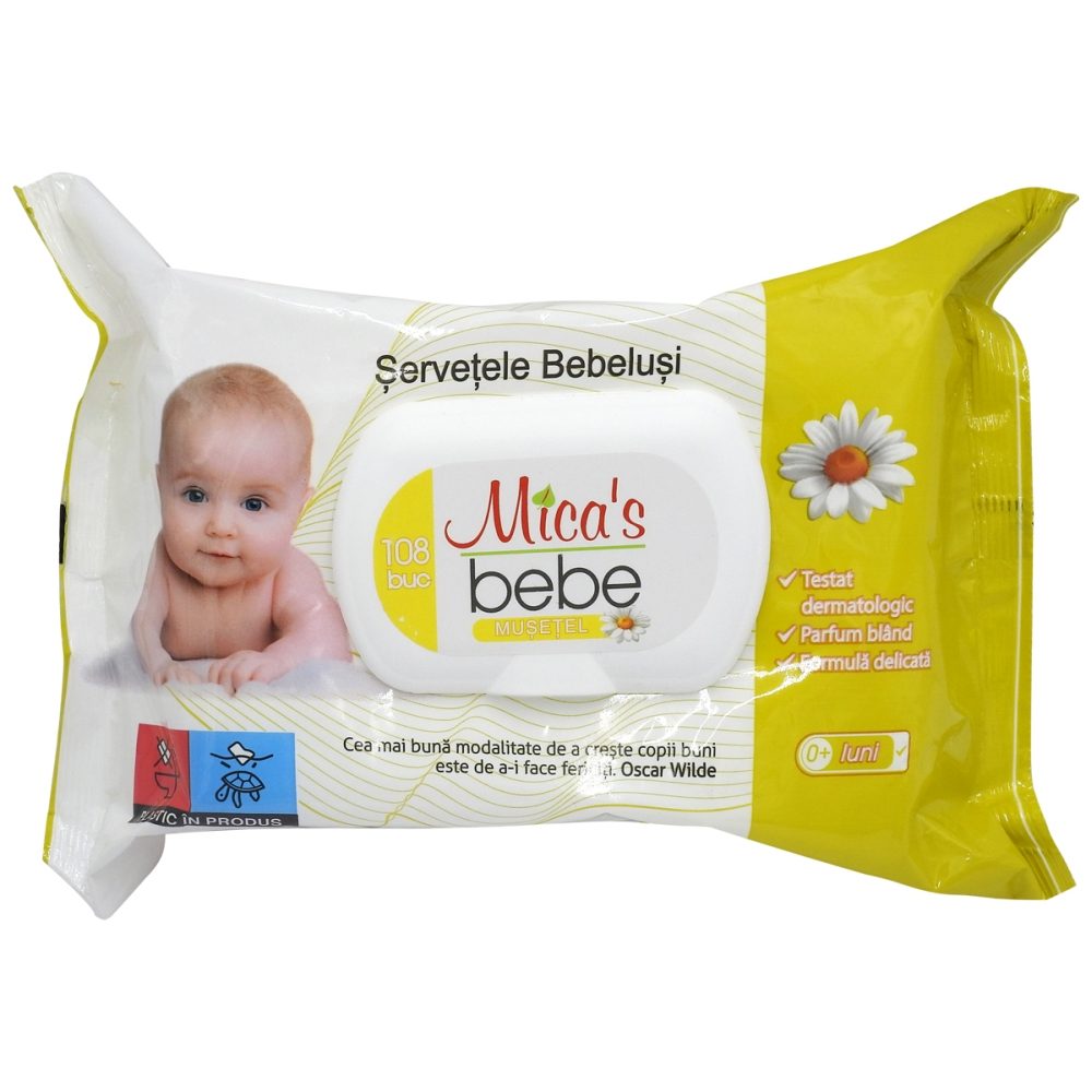 Micas Șervețele Umede pentru Bebelusi cu Extract de Mușețel și Capac, Curățare Delicată, 108 Bucăți