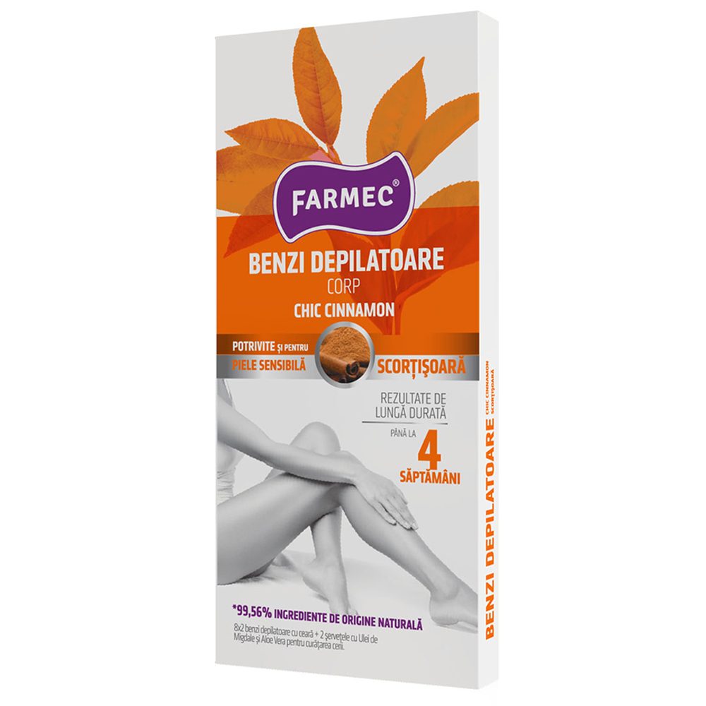 Farmec Benzi Depilatoare Pentru Corp, Ceară Rece Cu Miere Și Scorțișoară, Piele Normală, 16 Bucăți, 2 Șervețele Curățare Post-Epilare