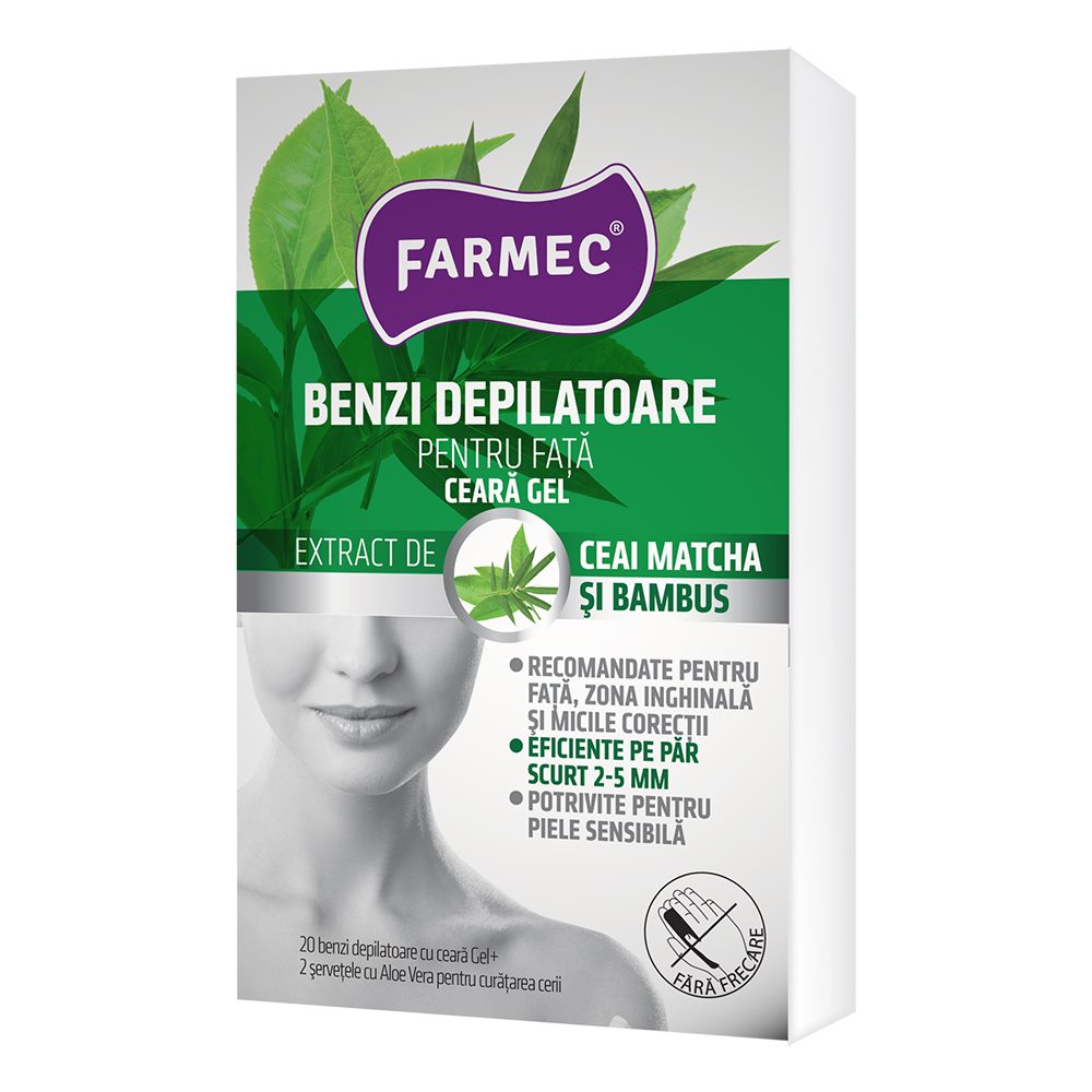 Farmec Benzi Depilatoare Ceară Tip Gel pentru Față, Extract Aloe Vera și Ceai Matcha, Suport Bambus, 20 Bucăți