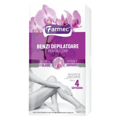 Farmec Benzi Depilatoare Pentru Corp, Extract de Orhidee, Ceară Rece, Piele Sensibilă, 14 Bucăți și 2 Șervețele Curățare