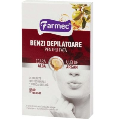 Farmec Benzi Depilatoare Pentru Față cu Ulei de Argan, Benzi Reci de Ceară, Hidratare Intensă, Include 2 Șervețele cu Aloe Vera, 20 Bucăți
