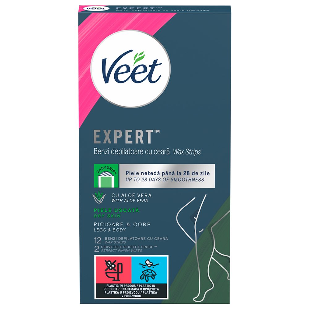 Veet Benzi de Ceară Depilatoare pentru Corp, Tehnologie Easy-Gel, Toate Tipurile de Piele, 12 Bucăți
