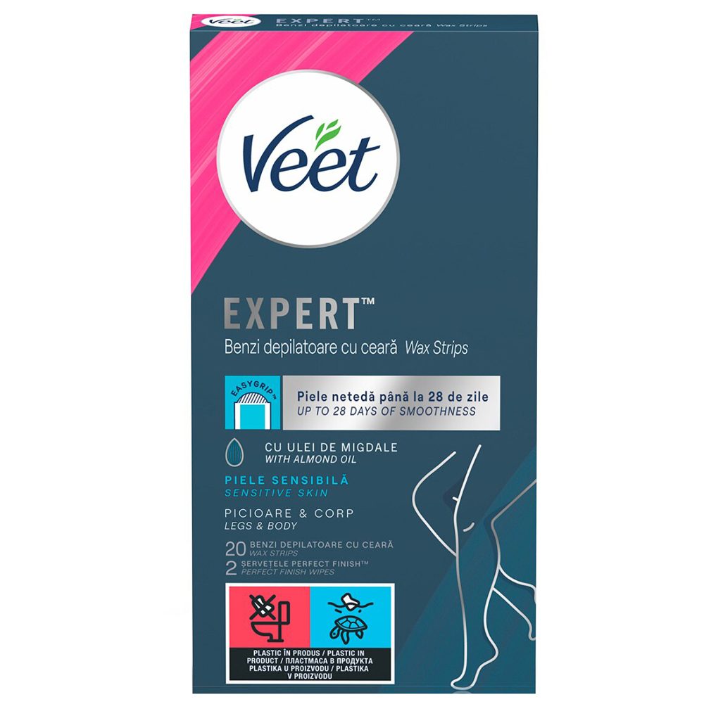 Veet Benzi de Ceară Depilatoare pentru Corp, Tehnologie Easy-Gel, Piele Sensibilă, 12 Bucăți