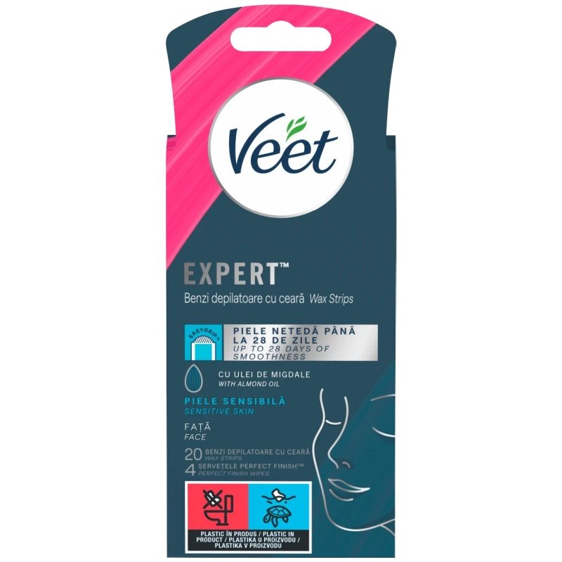 Veet Benzi Depilatoare Ceară Rece pentru Față, Tehnologie Easy-Gel, Piele Sensibilă, Extract de Albăstrele, 20 Bucăți