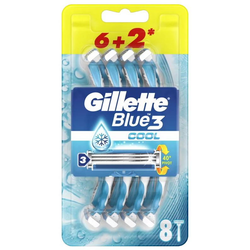 Gillette Blue3 Cool Aparat de Ras de Unică Folosință, Tehnologie ComfortFresh, Cap Pivotant și 3 Lame de Precizie, Mâner Ergonomic, 2 Bucăți