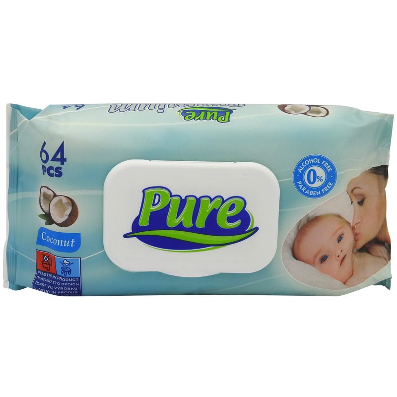 Baby Servetele Umede Pure, Hipoalergenice Fara Parfum, Material Textil Moale, 64 Bucati