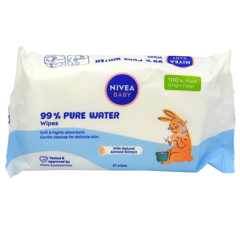 Nivea Baby Șervețele Umede, Pure Water cu 99% Apă Purificată, Material Biodegradabil, Fără Parfum, 57 buc