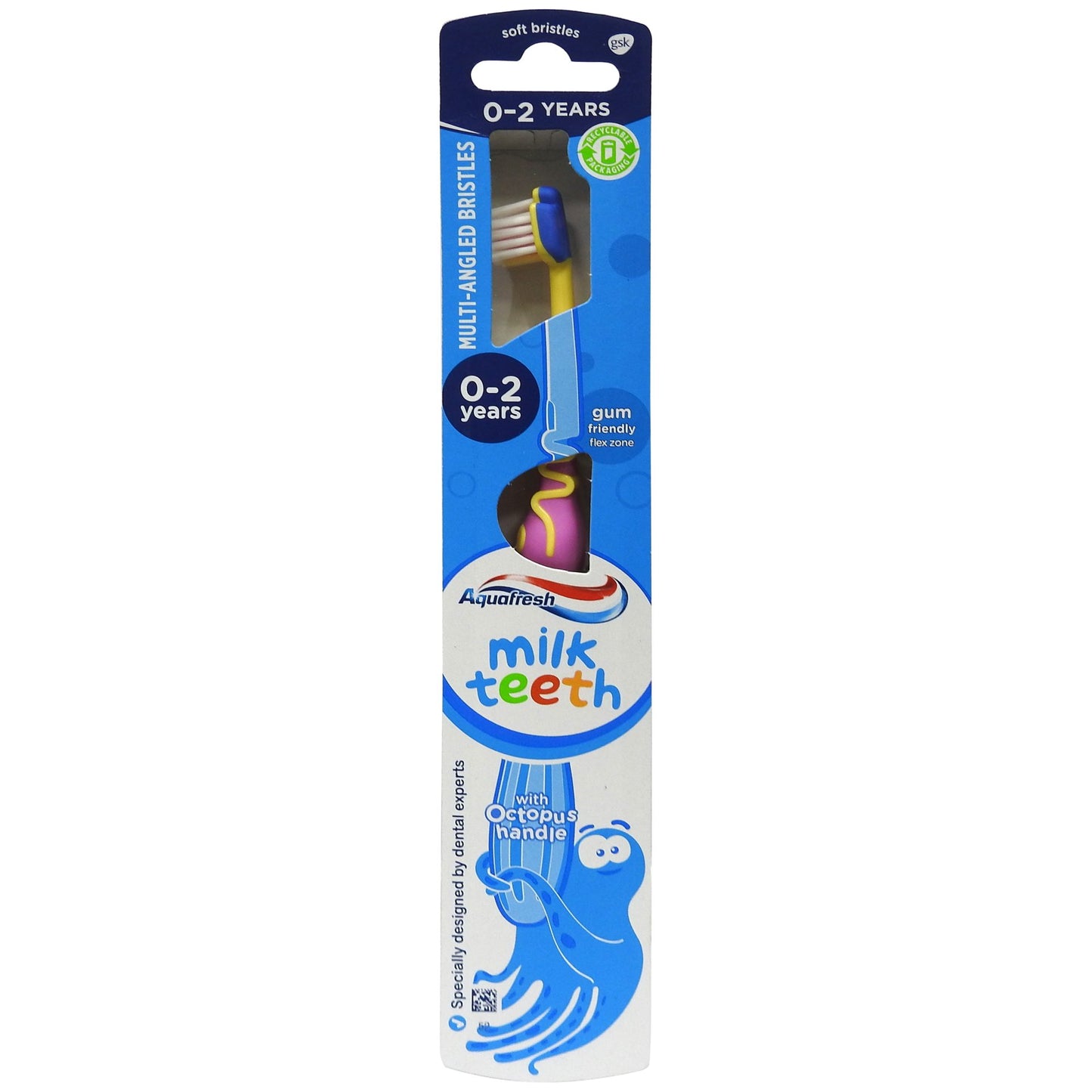 Aquafresh Milk Teeth Periuță de Dinți pentru Copii 0-2 Ani, Peri Moi de Protecție, Design Ergonomic, Multicolor, 1 Bucată