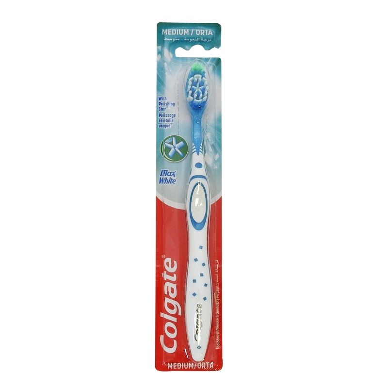 Periuta de Dinti Colgate Max White, Peri Manuali Medii, Actiune de Albire si Curatare, Maner Ergonomic, 1 Bucata, Alb/Albastru