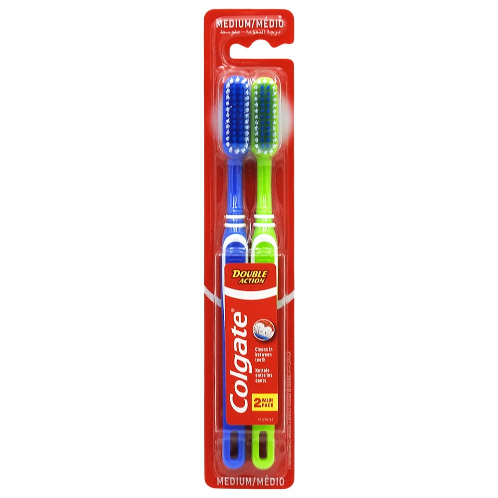 Colgate Double Action Periuta de Dinti, Curatare Dubla si Actionare Medie, Maner Ergonomic, 2 Bucati