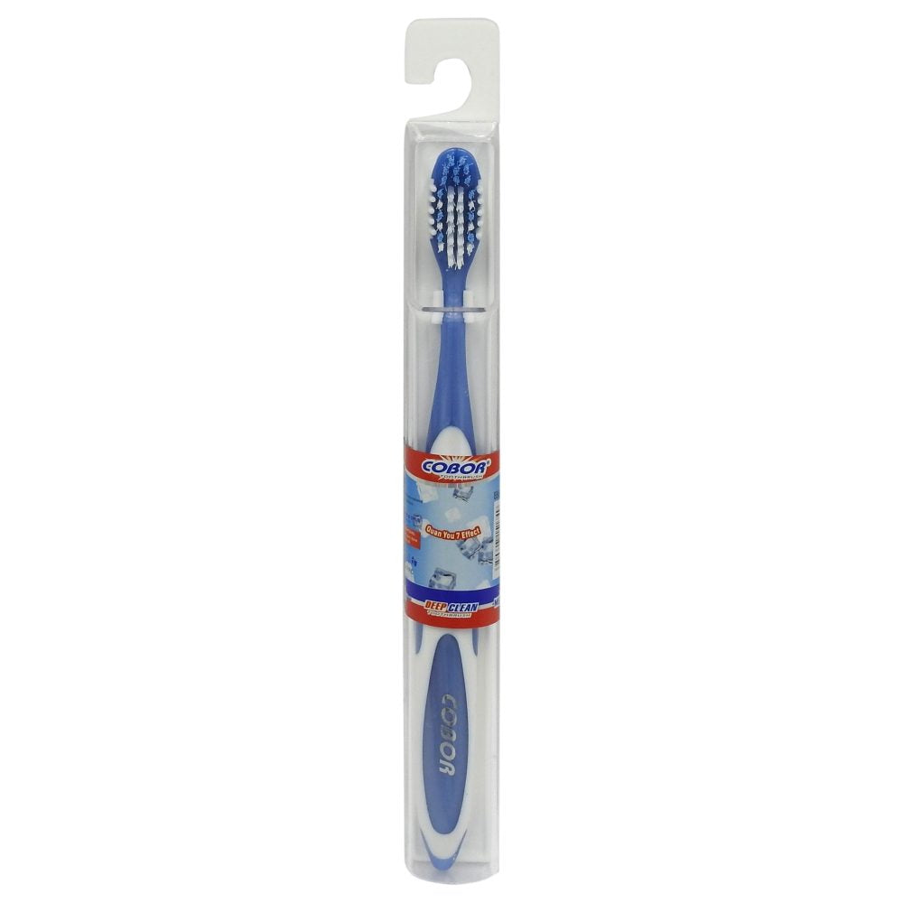 Periuta de Dinti Cobor Deep Clean, Peri Medium, Design Ergonomic, Curatare Interdentara, Model 51749, Include Toc Protectie Wei, 1 Bucata, Alb/Albastru