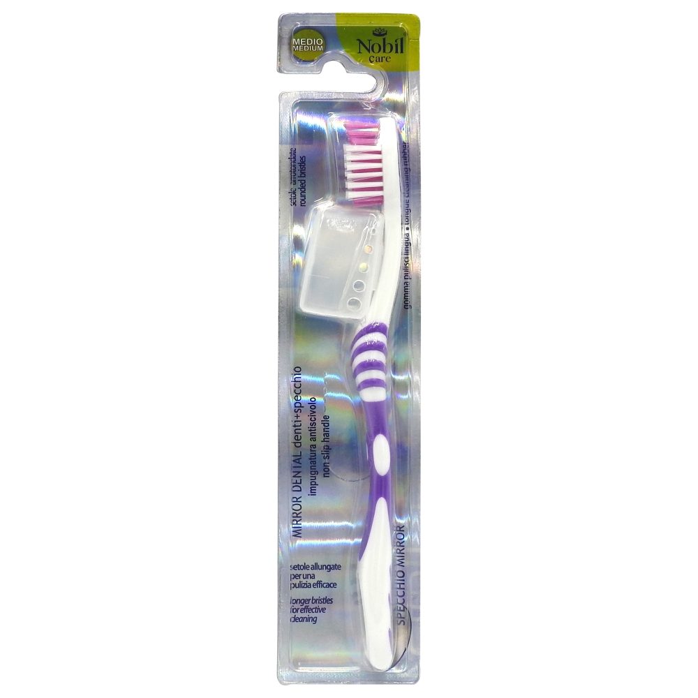 Nobil Care Periuta de Dinti, Capac cu Oglinda si Peri Medii, Maner Ergonomic, 1 Bucata, Albastru/Alb