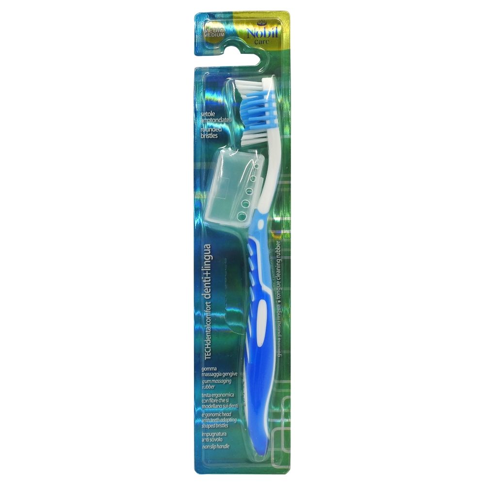 Nobil Care Periuta de Dinti, Capat de Curatare Mediu, Design Ergonomic, Peri Nylon, 1 Bucata, Albastru/Alb