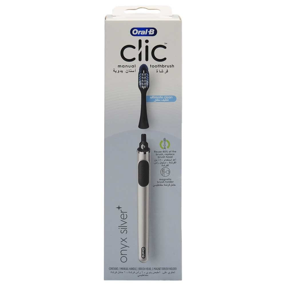Oral-B Clic Periuta de Dinti Manuala cu Cap Inlocuibil, Tehnologie CrossAction, Maner Metalic, Onyx Silver, 1 Bucata