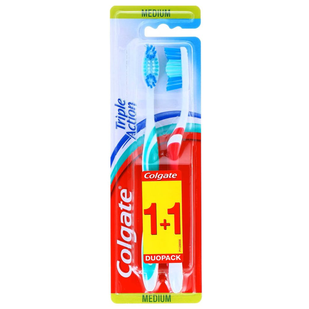 Colgate Triple Action Periuta de Dinti, Actiune Tripla Curatare, Protectie Carii si Albire, Peri Medii, Set 2 Bucati