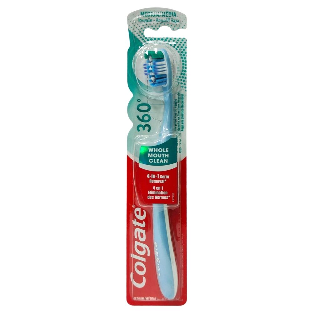 Colgate Periuta de Dinti 360 Whole Mouth Clean, Curatare Completa si Indepartare Bacterii, Peri Medii, 1 Bucata, Albastru/Alb