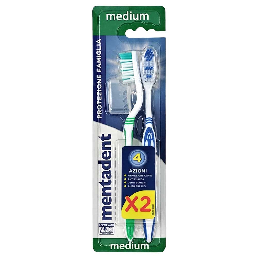 Mentadent Periuta de Dinti Pachet Dublu, Peri Medii pentru Curatare Eficienta, Maner Ergonomic, 2 Bucatiutasee