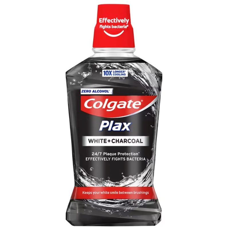 Colgate Plax White Charcoal Apa de Gura, Formula cu Carbune Activ, Albire si Protectie 24/7 Impotriva Bacteriilor, Fara Alcool, 500 ml