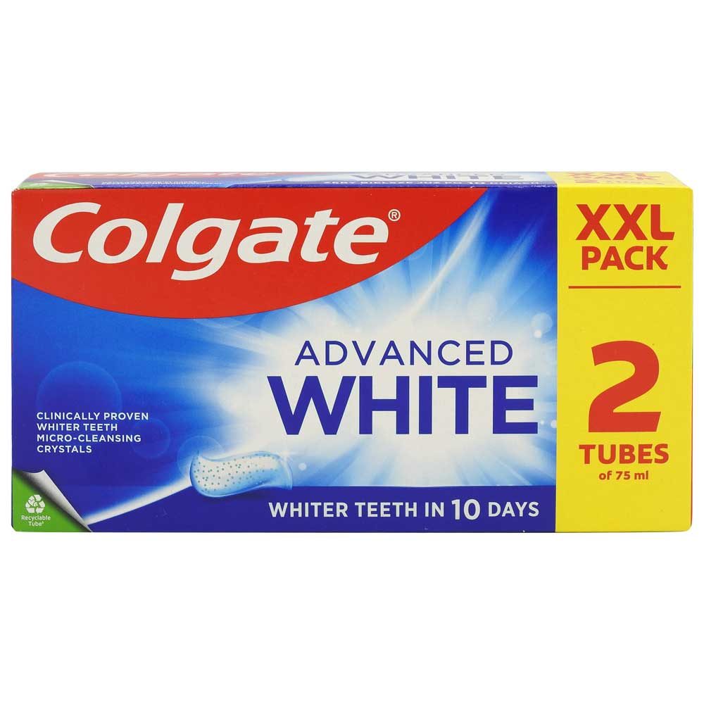 Colgate Pasta de Dinti Advanced White, Sistem Micro-Cleaning pentru Albire, Pachet Promotional 2 x 75 ml