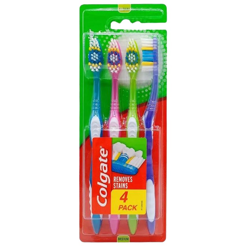 Colgate Premier Clean Periuta de Dinti, Actiune Curatare Medie, Design Ergonomic, Maner Texturat, Pachet Economic 4 Bucati