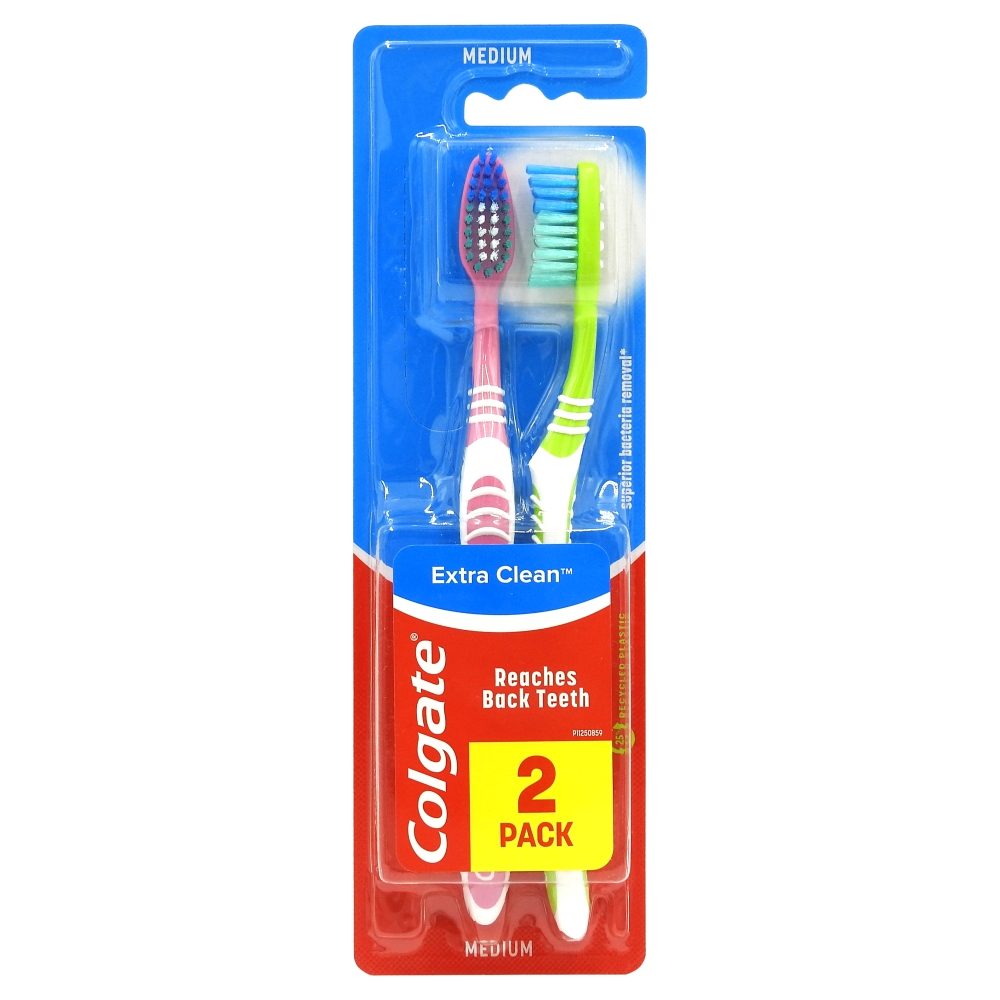 Colgate Extra Clean Periuta de Dinti Manuala, Curatare Profunda, Varf de Curatare Ridicat, Maner Ergonomic, Set 2 Bucati