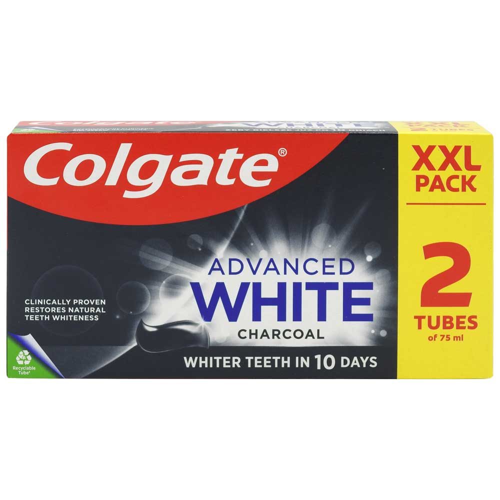Colgate Pasta de Dinti Advanced White Charcoal, Albire Avansata cu Carbune Activ, Formula pentru Indepartarea Petelor, 2 x 75 ml