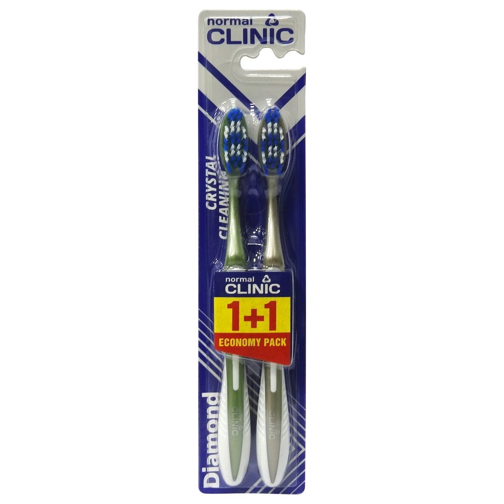 Clinic Periuta de Dinti Diamond, Periute cu Peri Medii pentru Curatare Eficienta, Maner Ergonomic, Set 2 Bucati, Alb/Albastru