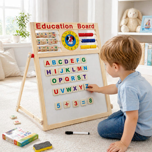 Tabla Educativa Magnetica cu Doua Fete, Inaltime Reglabila, Abac si Ceas, Cadru din Lemn, Include Litere si Cifre, 52x36 cm