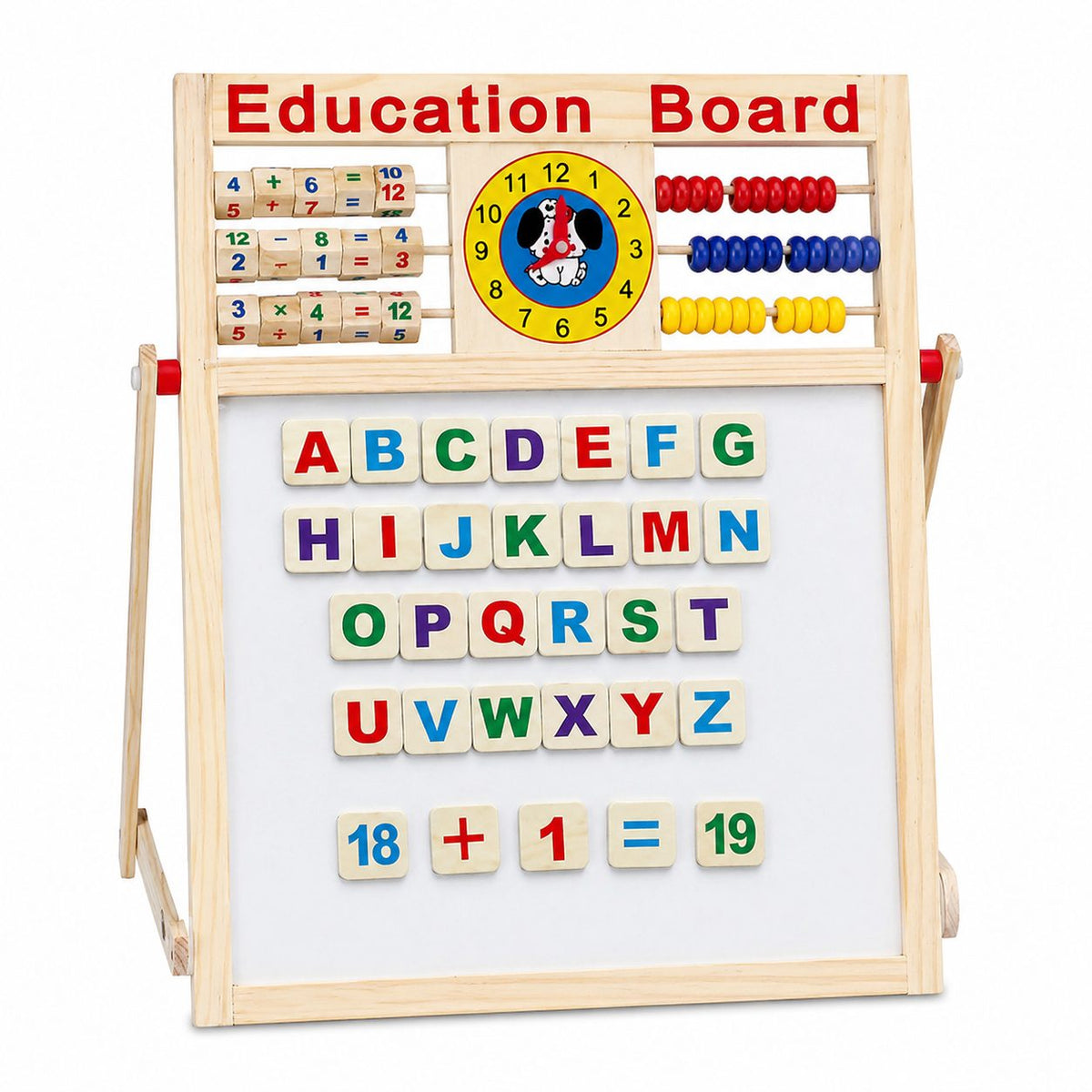 Tabla Educativa Magnetica cu Doua Fete, Inaltime Reglabila, Abac si Ceas, Cadru din Lemn, Include Litere si Cifre, 52x36 cm
