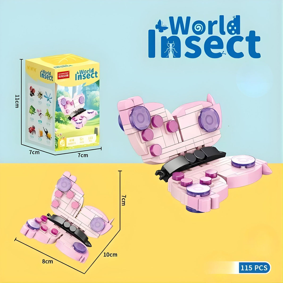 Set de Constructie Fluture, Model 3D Educativ STEM, Lumea Insectelor Mini, Plastic ABS, 115 Piese, 6 Ani+, 11 x 7 x 7 cm, Roz